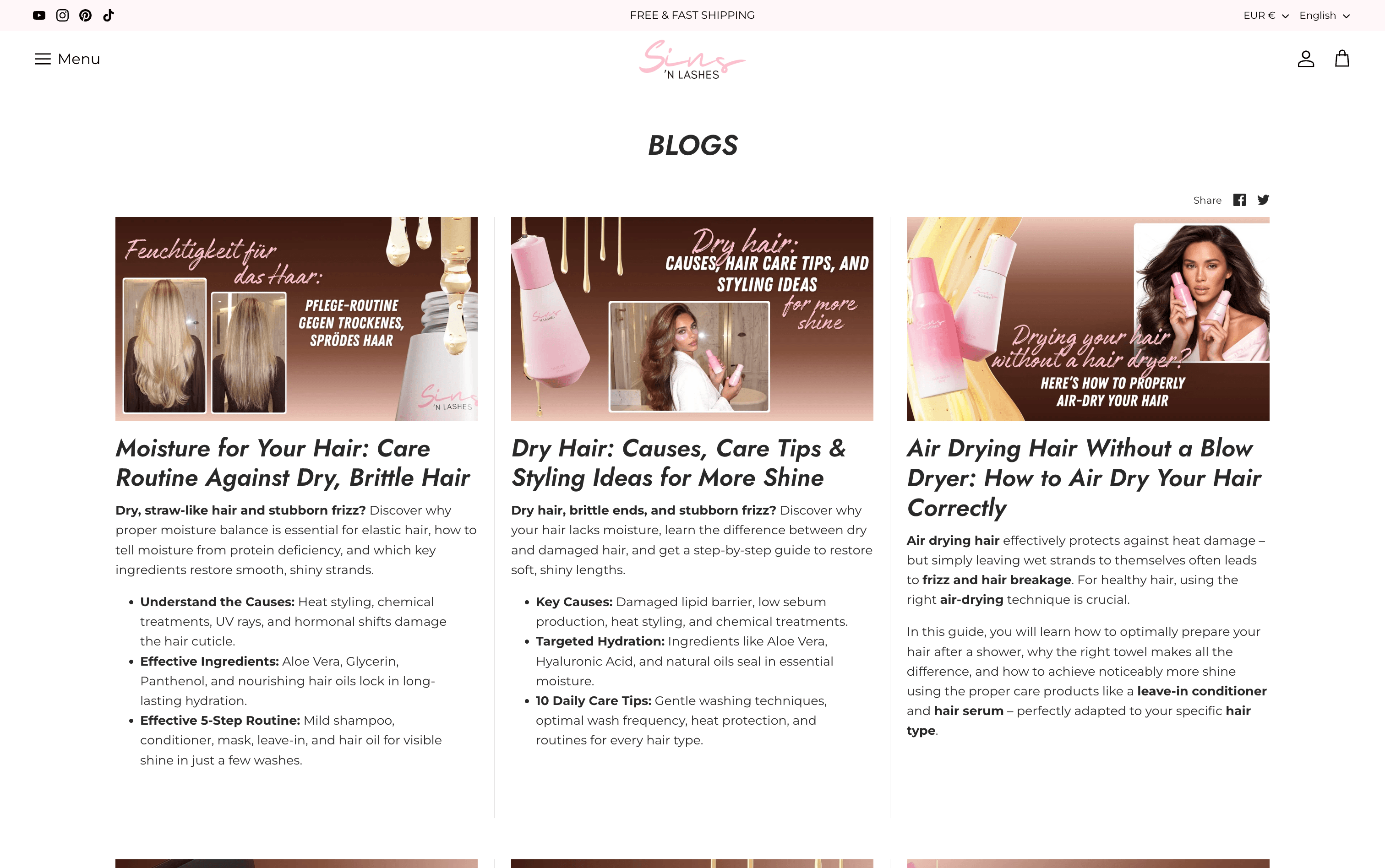 Sins 'n Lashes SEO blog content programme