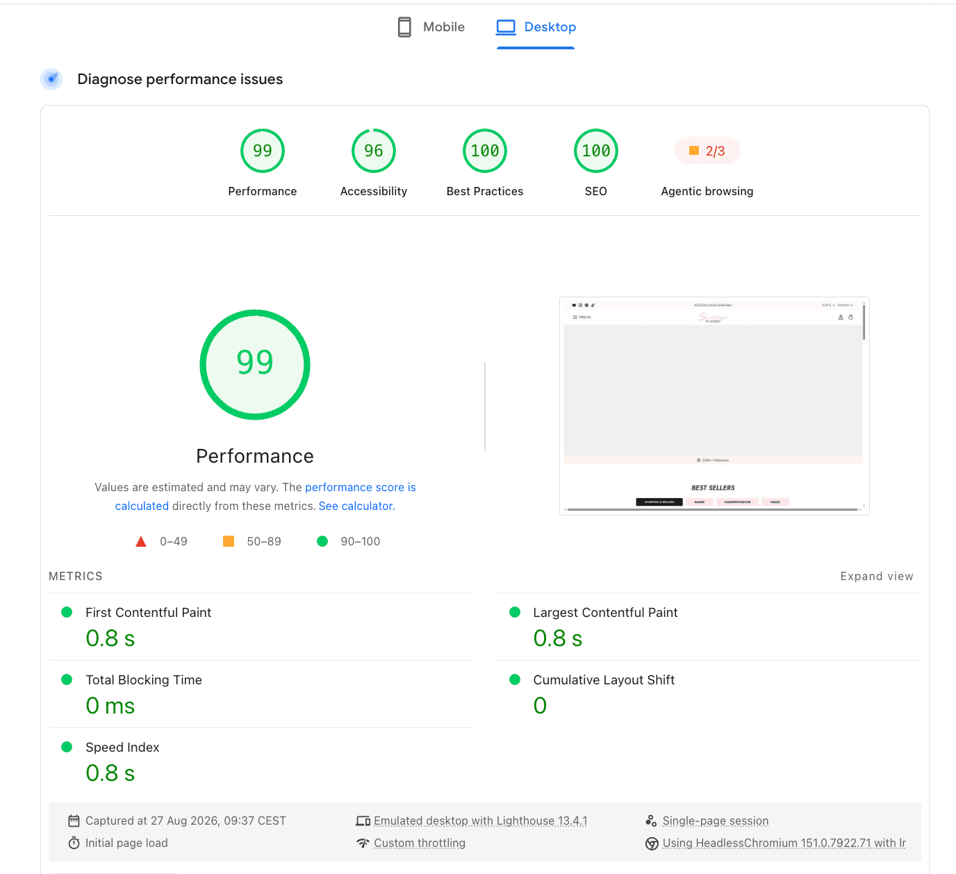 Sins 'n Lashes PageSpeed Performance Score 99/100