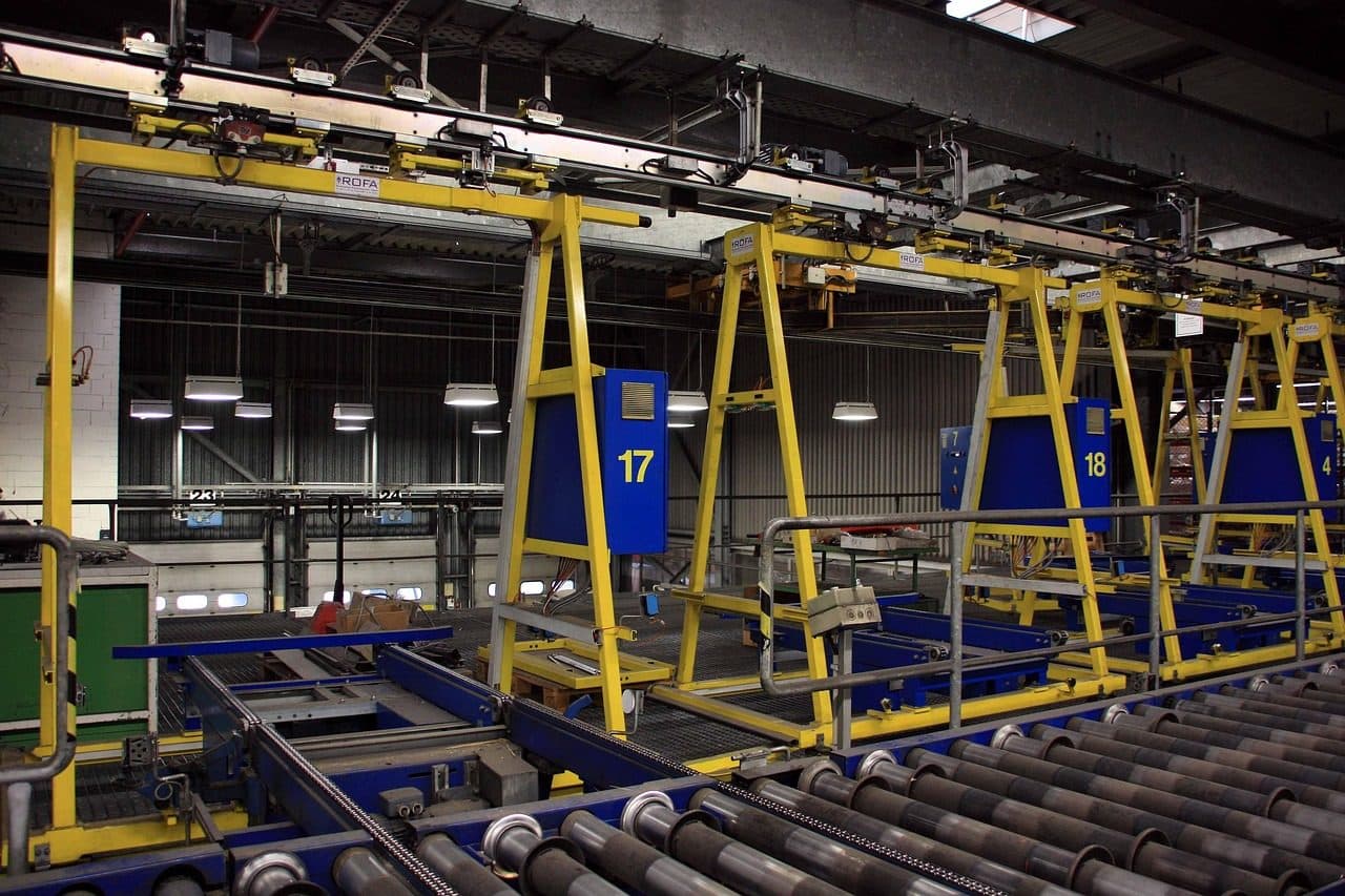 Overhead conveyor on a production line, the kind of plant manufacturing lead generation has to keep busy