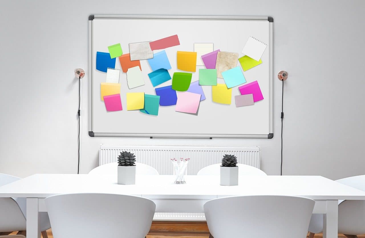 Planning board covered in sticky notes in an empty meeting room, where a marketing plan gets its goals