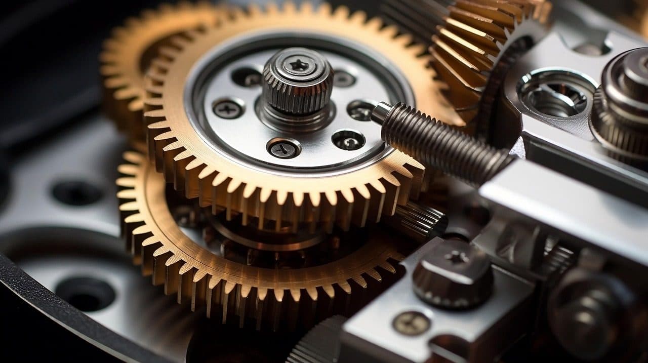 Precision gears meshing inside a mechanism